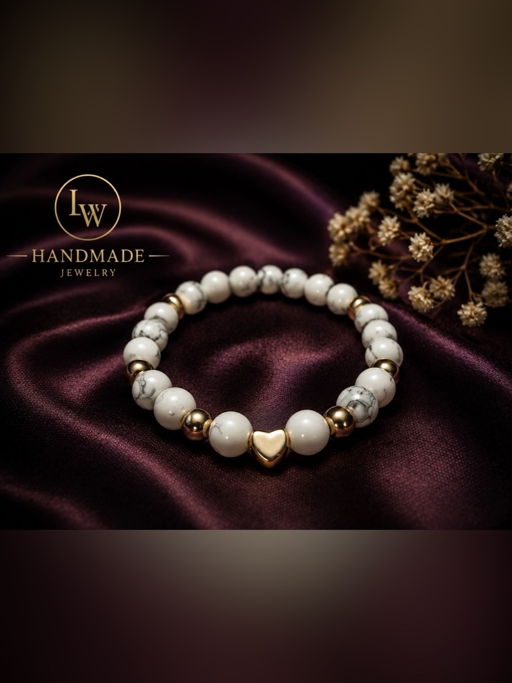 Handmade White Howlite Beaded Bracelet with Gold Heart Accent